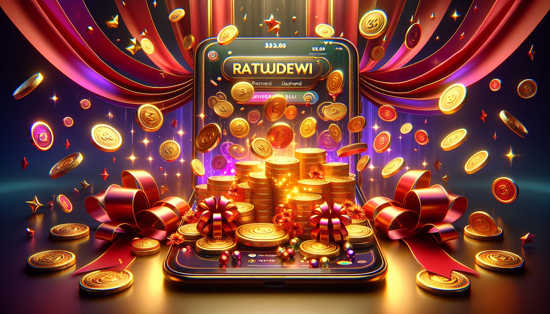 Promotional reward display on RATUDEWI with bonus-themed gold and red visuals