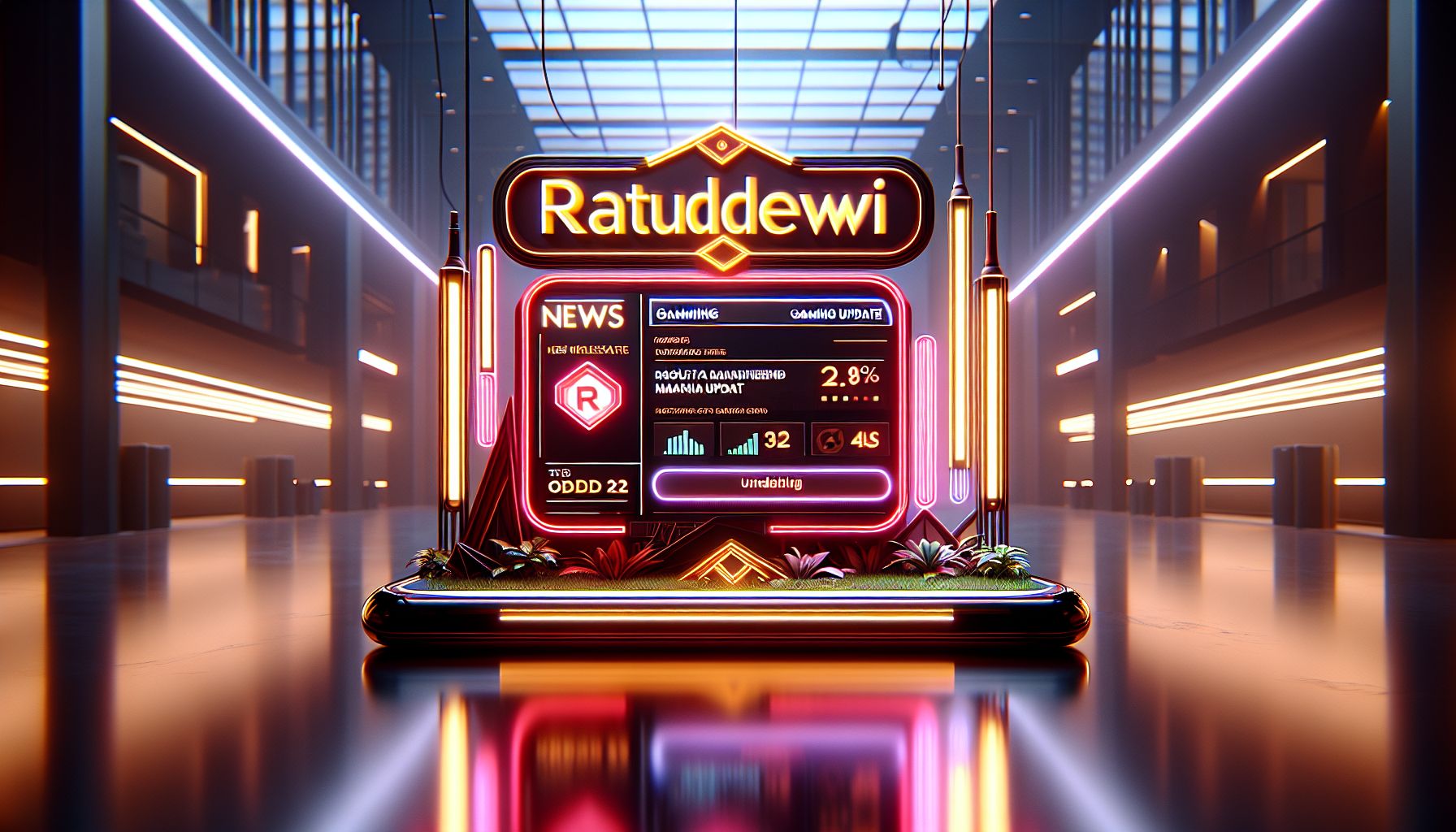 RATUDEWI news dashboard on a mobile screen showing fresh updates and announcements for Indonesia users